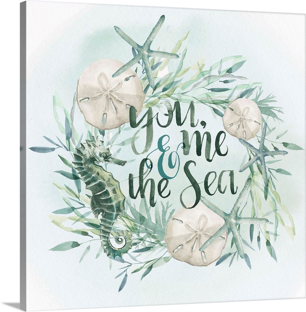 Beach-themed wreath with text "You, me, and the sea" in watercolor.