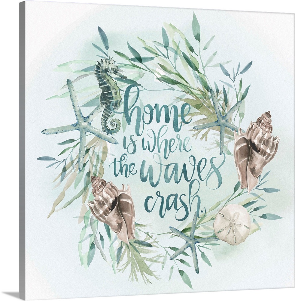 Beach-themed wreath with text "Home is where the waves crash" in watercolor.