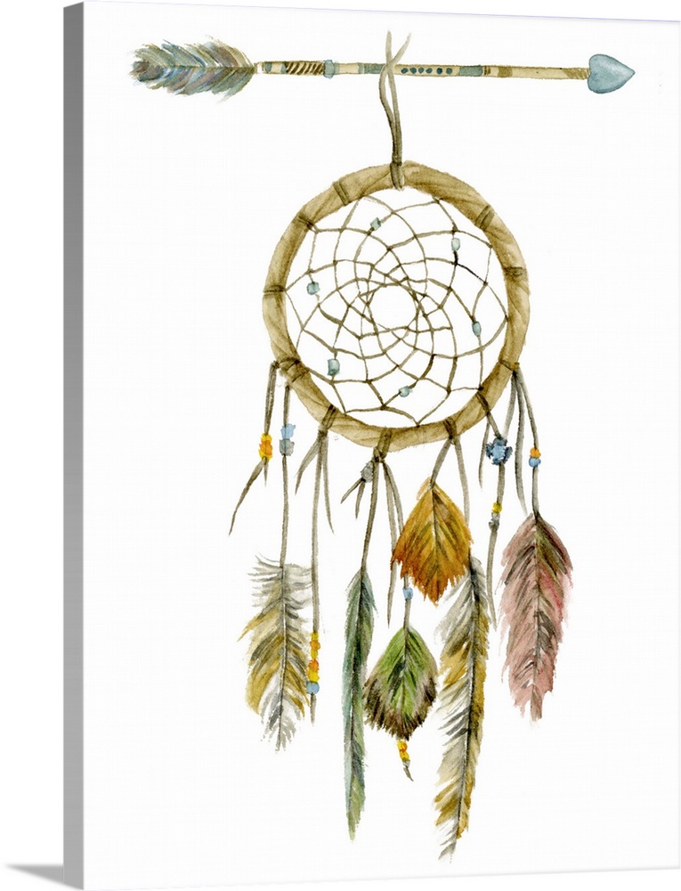 Decorative painting of a dream catcher with feathers hanging from the bottom and an arrow holding it up at the top.