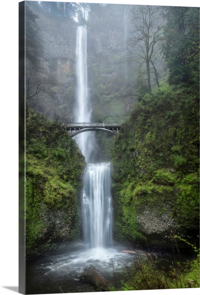 Photograph of a serene waterfall among vibrant greenery vegetation in the mist.