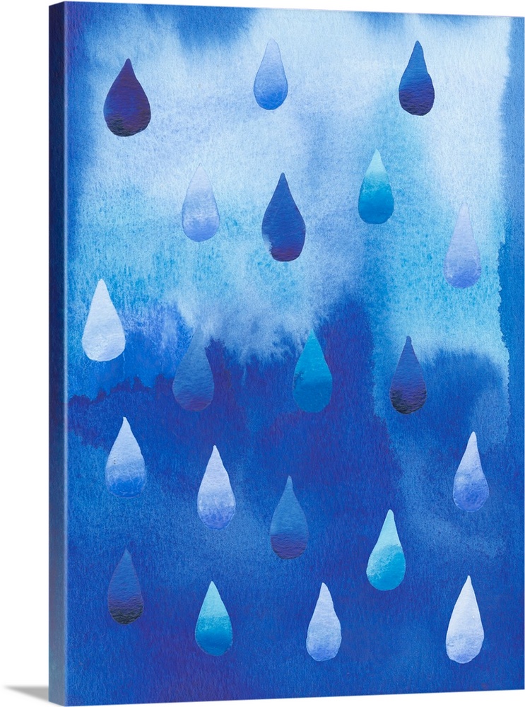 This monochromatic decorative artwork features raindrops falling against a blue watercolor background.