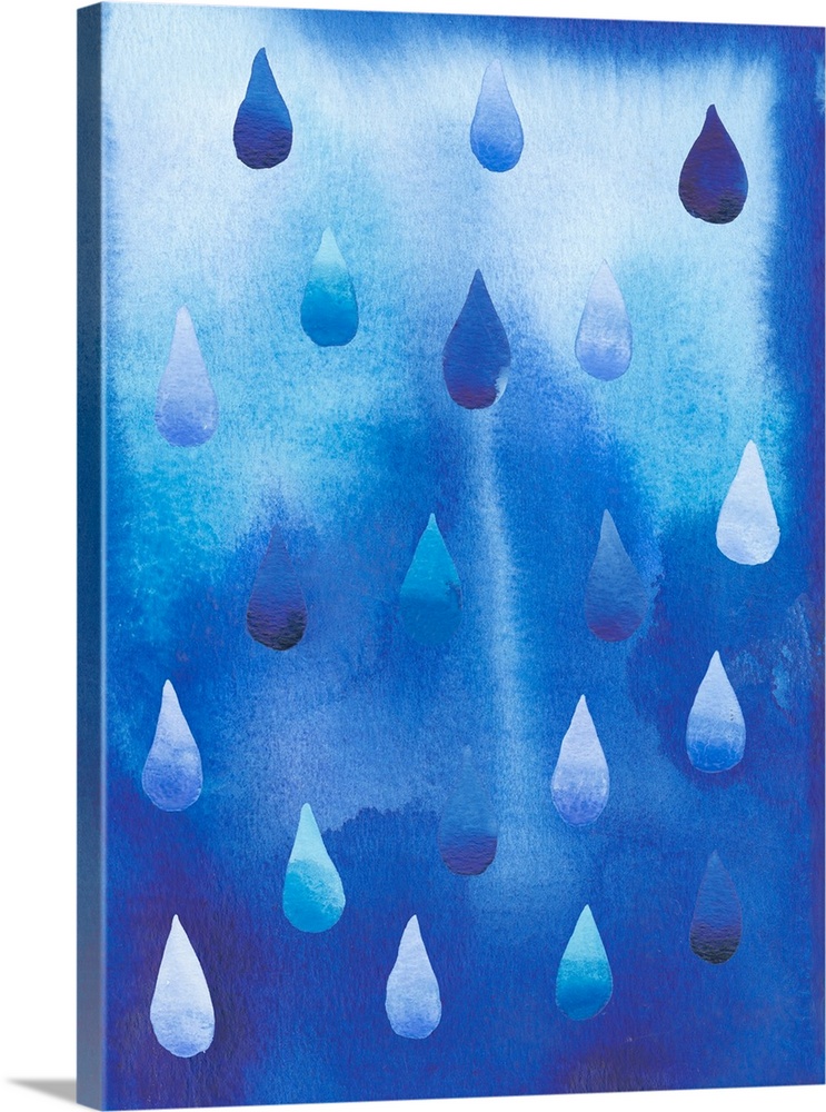This monochromatic decorative artwork features raindrops falling against a blue watercolor background.