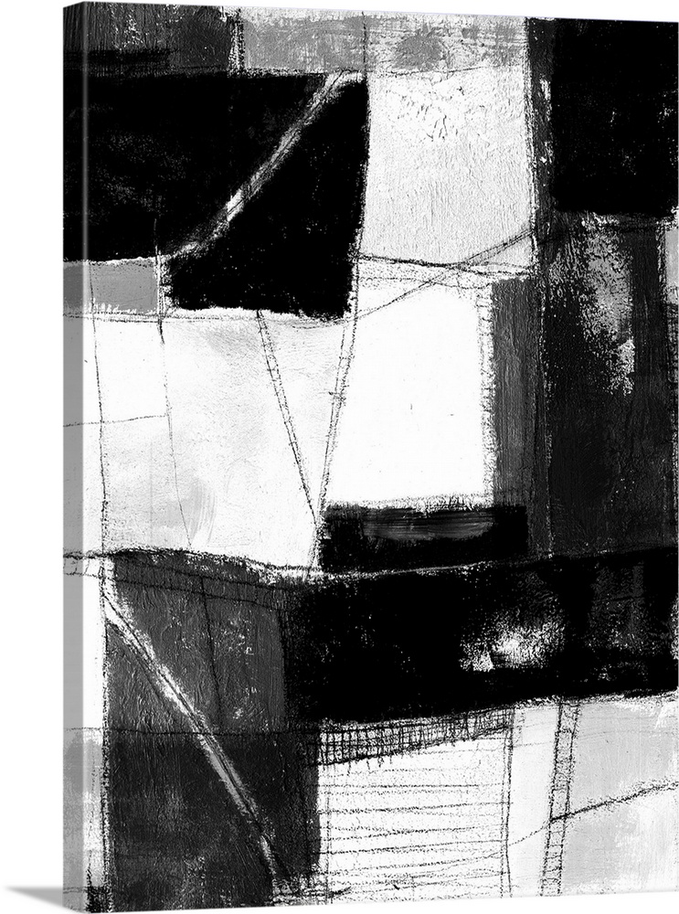 Contemporary abstract painting made of white and black blocks.
