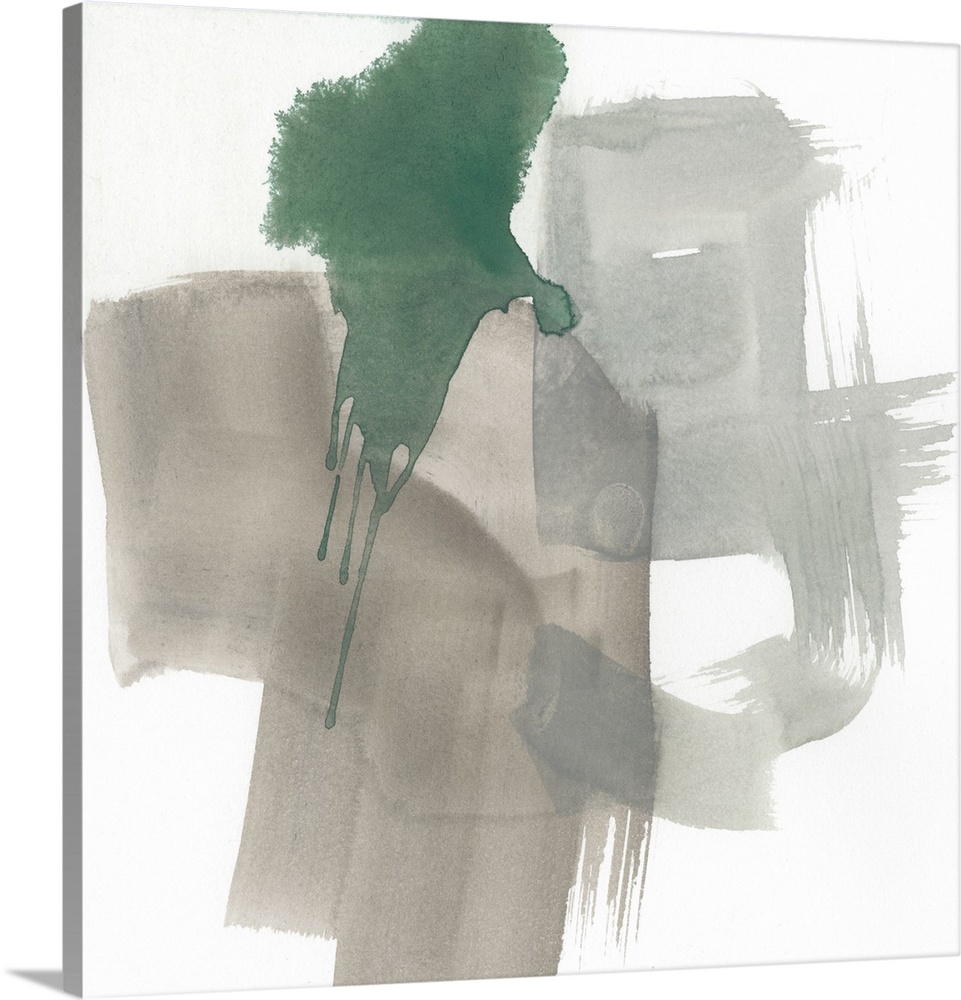 Abstract contemporary artwork with broad gray brush strokes accented with green drips.