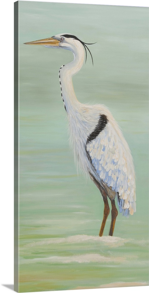 Painting of a tall heron standing in shallow water.