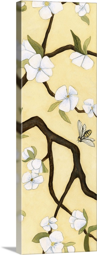 Contemporary decor artwork of white flowers on a dark brown tree branch against a pale yellow background.