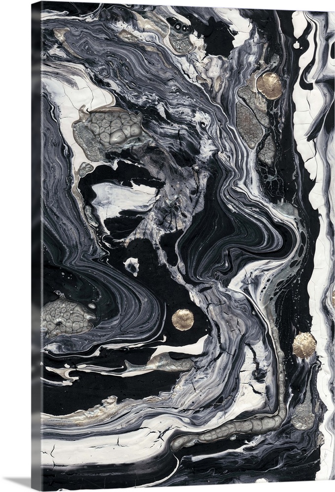 Vertical abstract of white, gray and black swirls in a marble effect with circular gold accents.