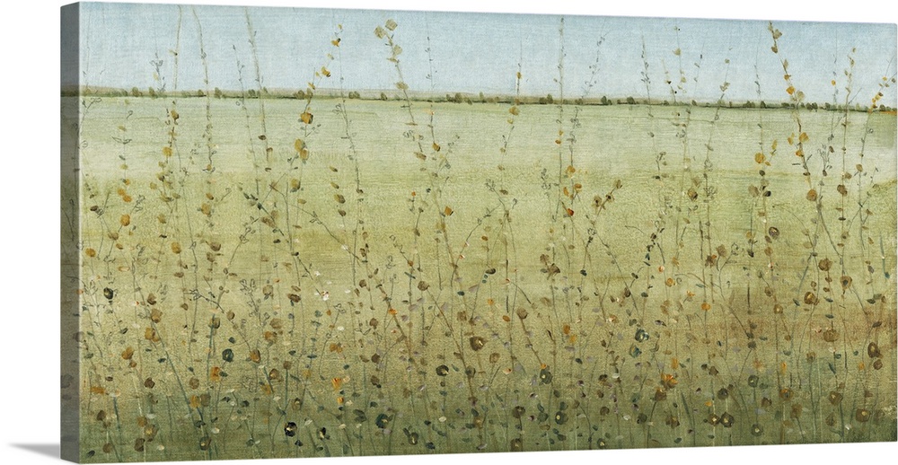 Contemporary landscape painting of a grassy green prairie.