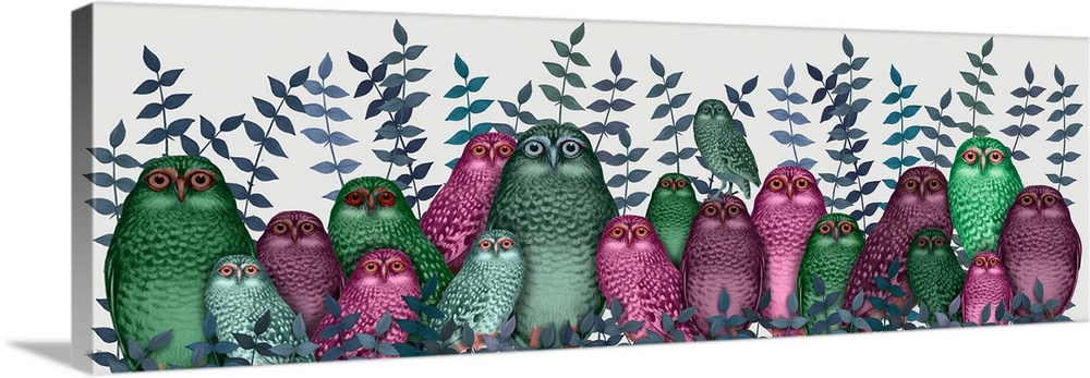 A row of pink and green owls of various sizes with leafy ferns.