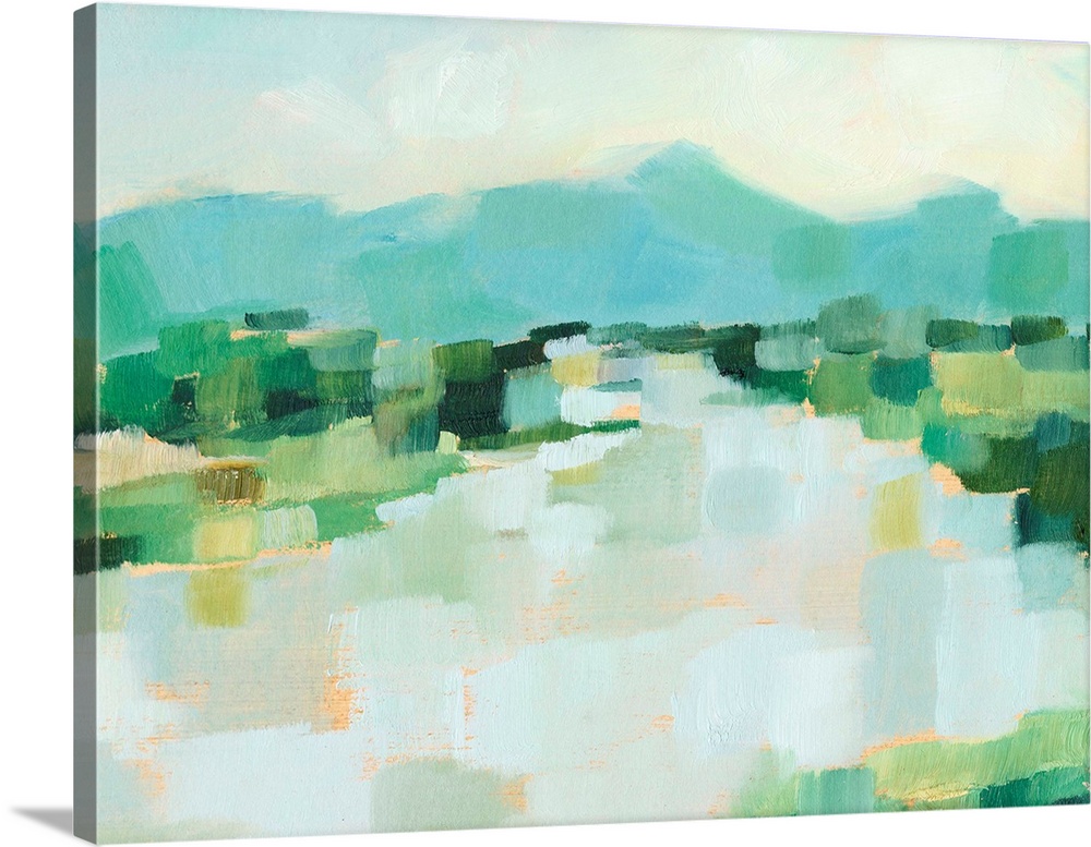 Contemporary landscape painting with short brushstrokes in a variety of greens.