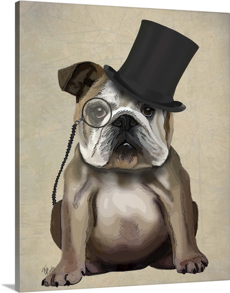 A sharp-dressed bulldog wearing a monocle and top hat.