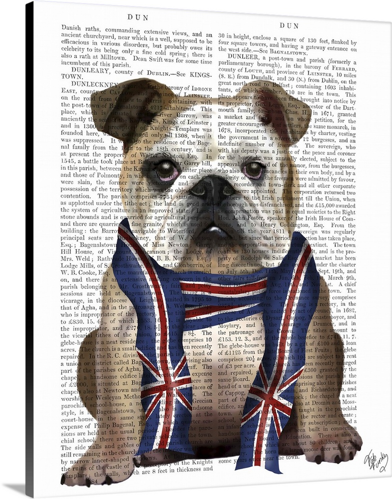Decorative art with a bulldog wearing a British scarf painted on the page of a book.