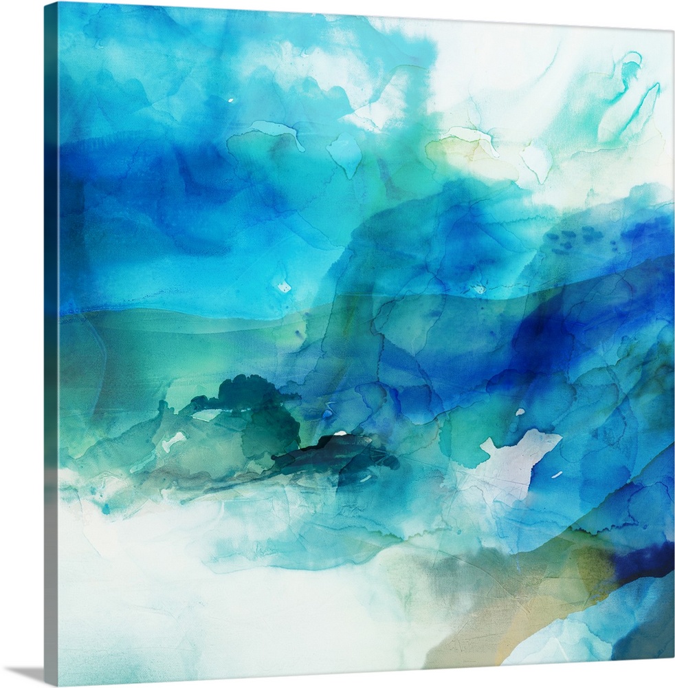 Abstract painting in varies shades of blue overlapping and blending together.