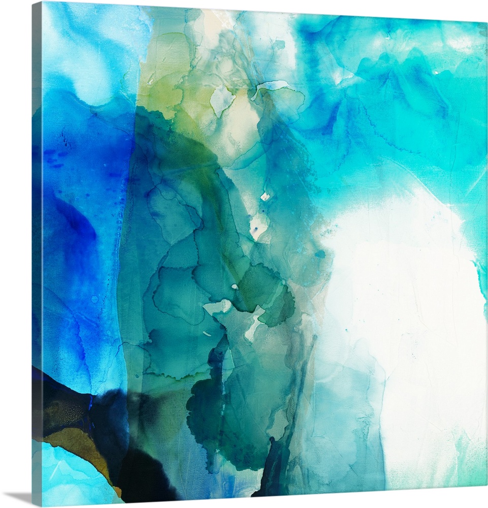 Abstract painting in varies shades of blue overlapping and blending together.