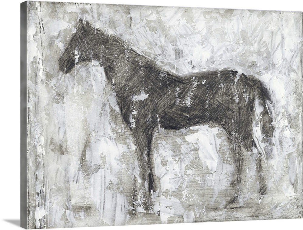 Contemporary artwork of a horses silhouette against a white background.