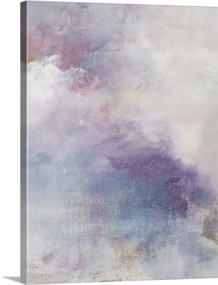 Contemporary abstract artwork in pastel white and purple tones, resembling an evening sky.