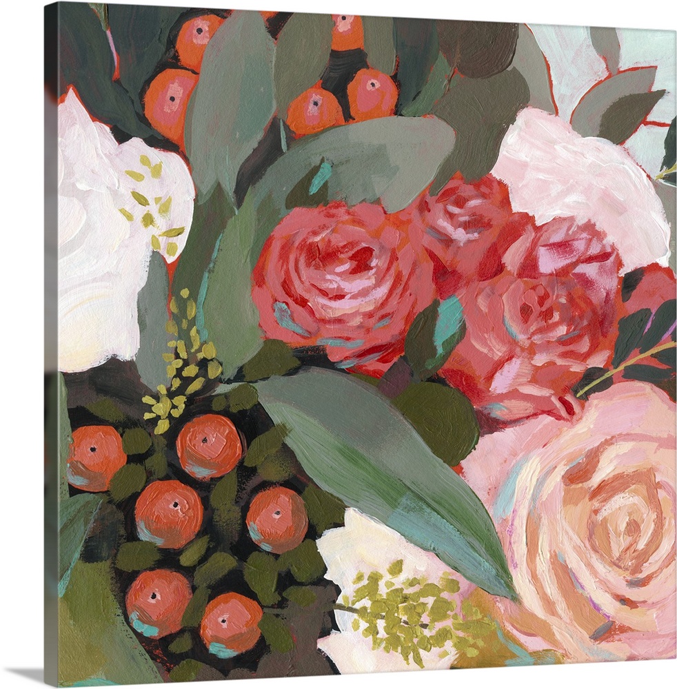 This whimsical artwork features an abundance of flowers in romantic hues of red, pink and white that drape over the greenery.