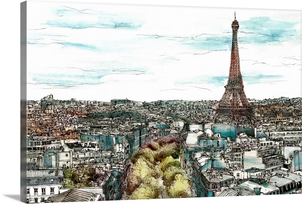 Contemporary sketch with filled in color of a cityscape in Paris, France with the Eiffel Tower towering over the city.