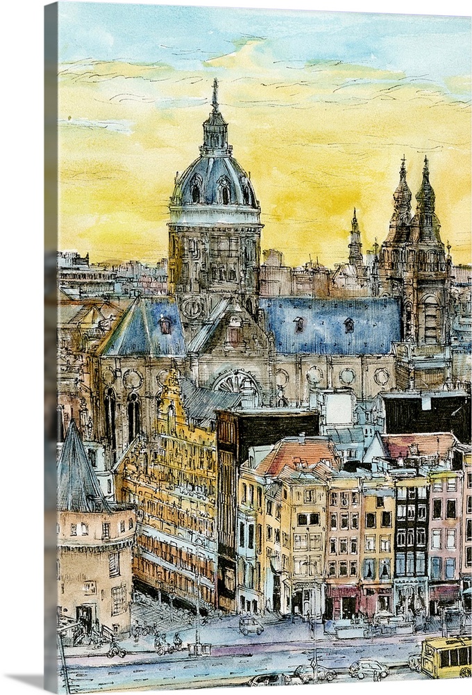 Sketch filled in with color of a European cityscape at sunset.
