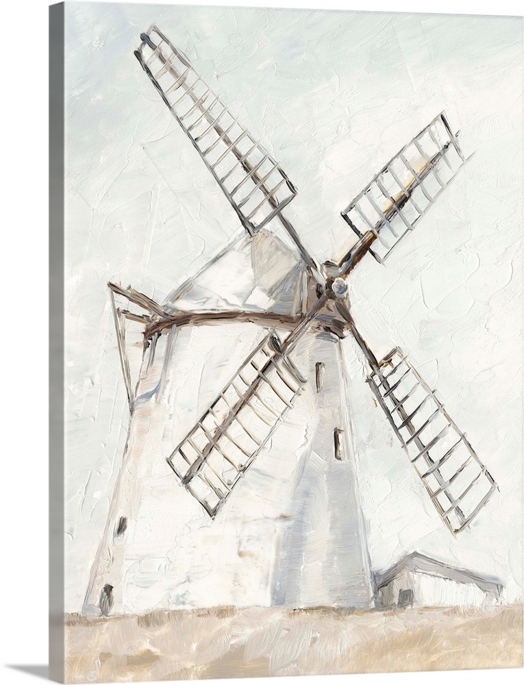 A painting of a windmill in a simple, neutral rustic style. Would be a perfect fit in a cottage or farmhouse decor scheme.