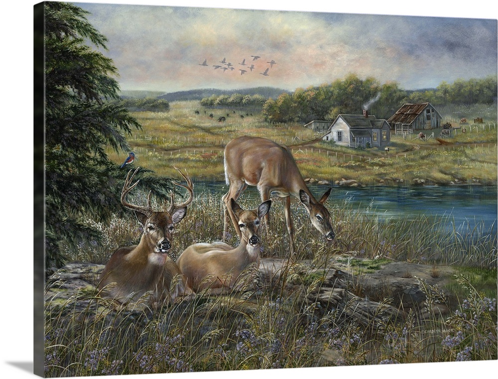 Contemporary painting of deer grazing in a clearing beside a river.