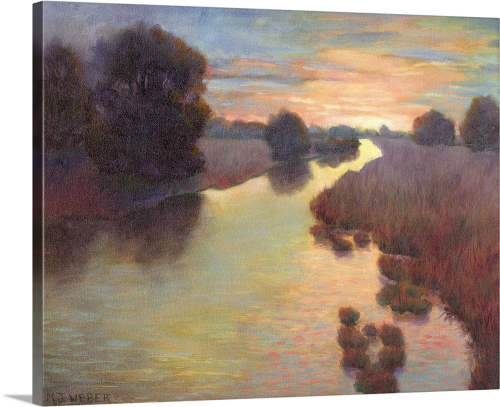Contemporary landscape painting of a winding river through a sunset drenched landscape.