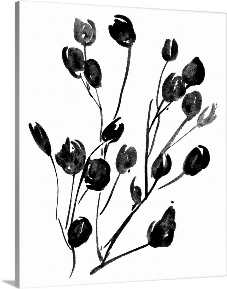 Flowers drawn in black ink centered over a white background in this contemporary artwork.