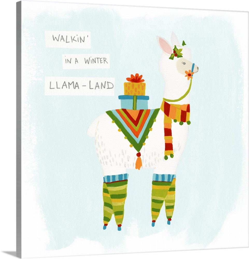 Whimsical holiday decor of a llama with presents on its back and the phrase "Walkin' In A Winter Llama-Land" written at th...