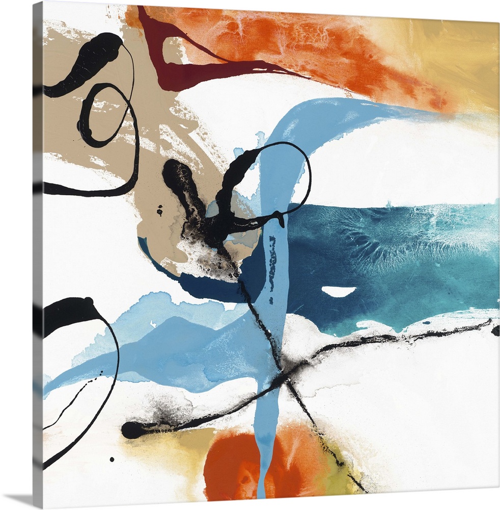 Contemporary abstract artwork in wild swirls and splatters in black, orange, blue, and tan.