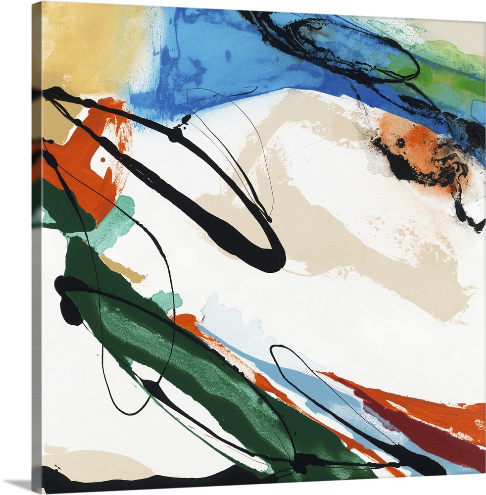 Contemporary abstract artwork in wild swirls and splatters in black, green, blue, and tan.