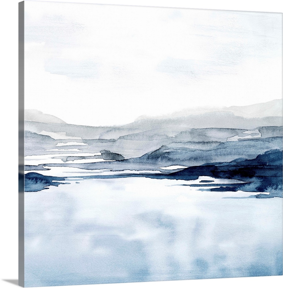 Watercolor landscape art of a pale blue ocean under a light grey sky.