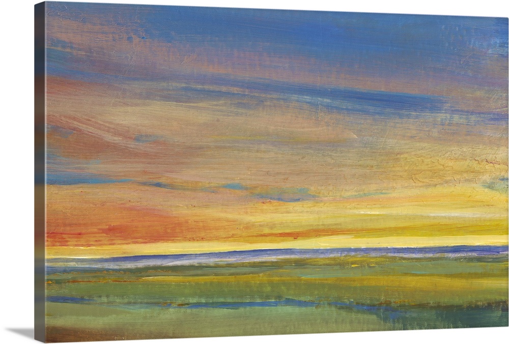 Contemporary painting of a landscape at sunset, with colorful clouds.