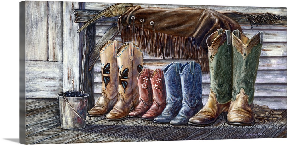 Contemporary painting of a family of different sized cowboy boots.
