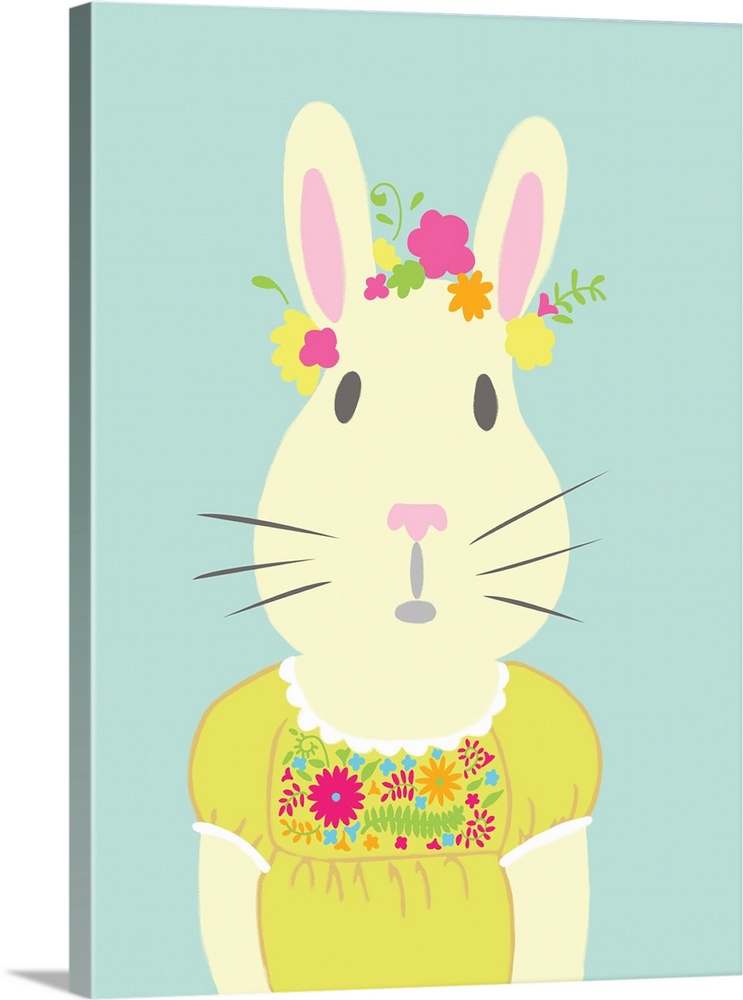 Cute children's illustration of a bunny wearing a flower crown and floral dress.