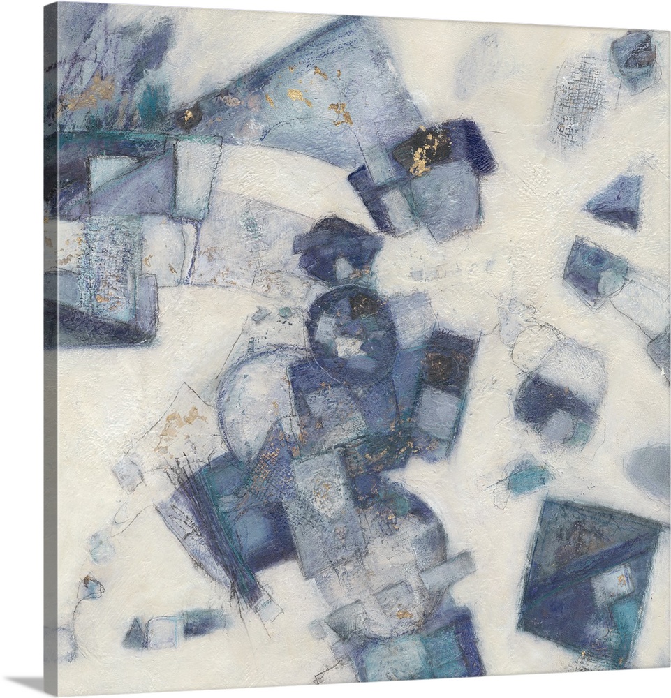 Square abstract painting with shapes layered together in shades of blue on a white textured background with metallic gold ...