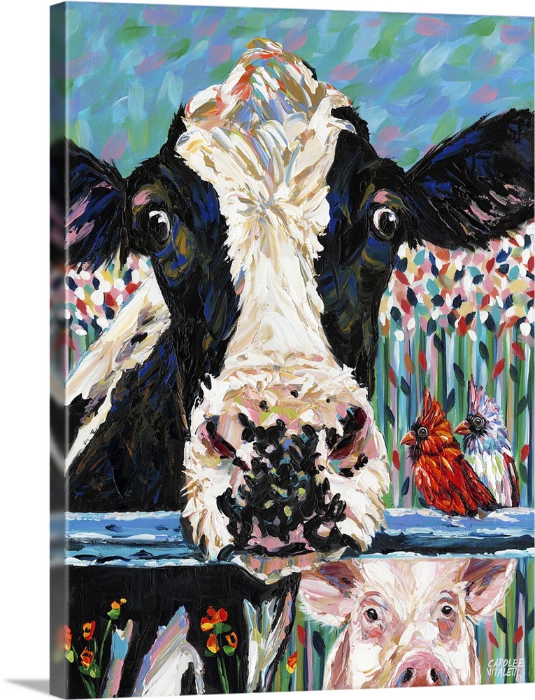 Contemporary painting of a black and white cow resting its head on a blue fence.