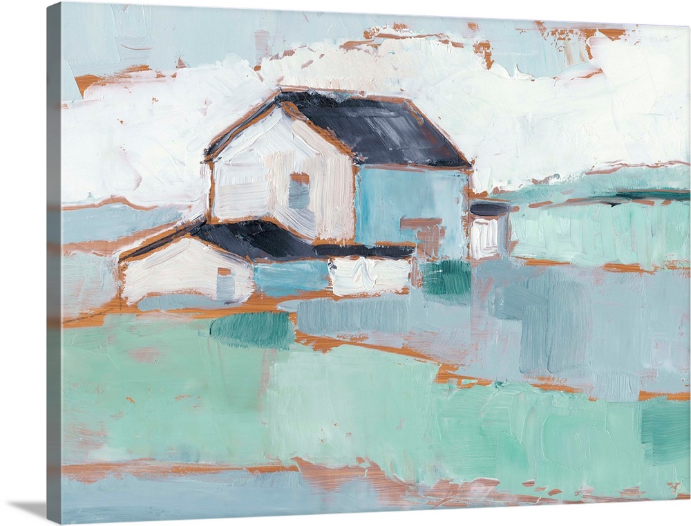A blocky, contemporary image of a simple white building in fields of green and blue.