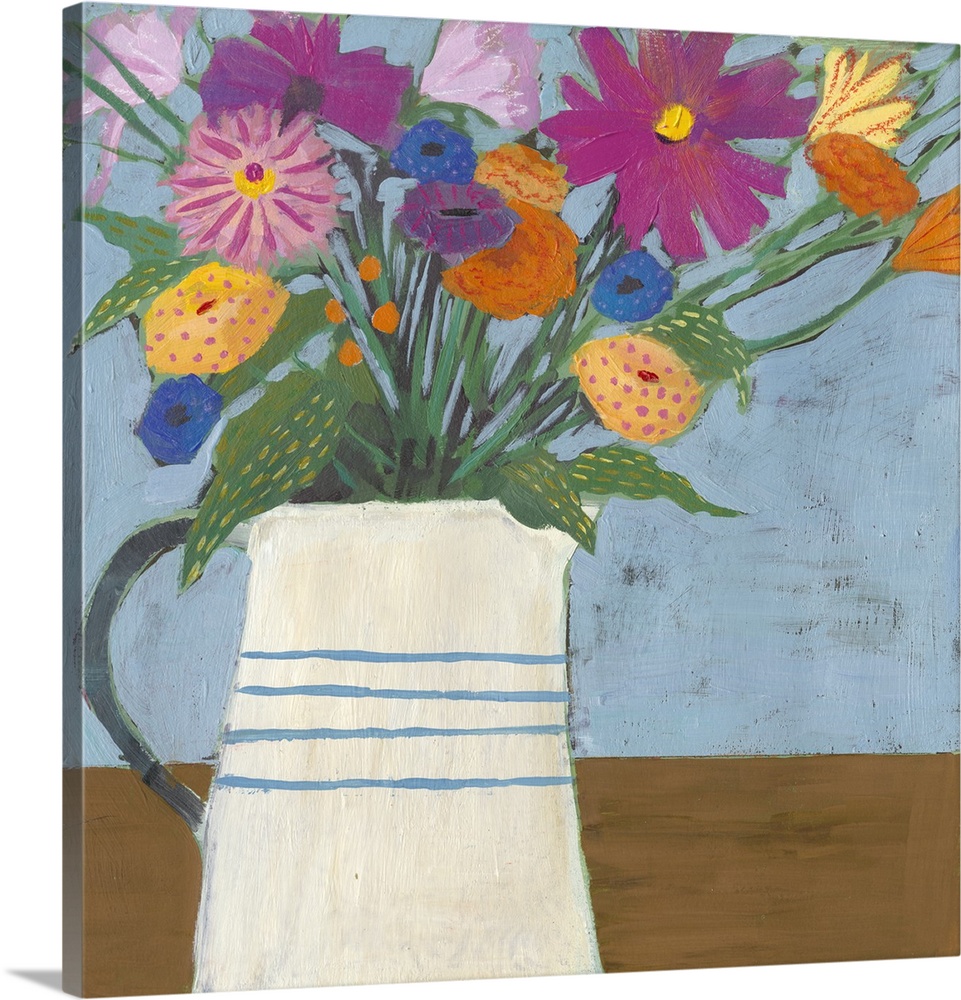 Folk art painting of bouquet of flowers in a farmhouse pitcher.