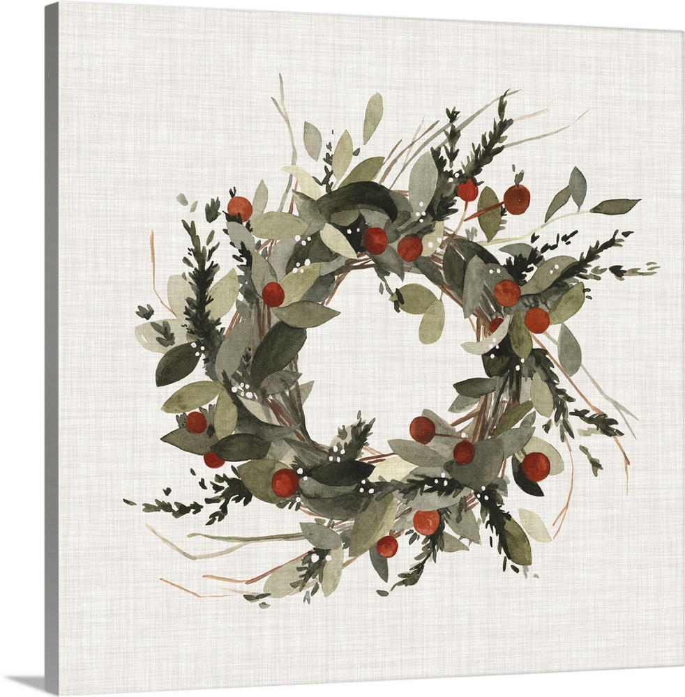 A decorative farmhouse wreath of holiday greenery and berries on a linen background.