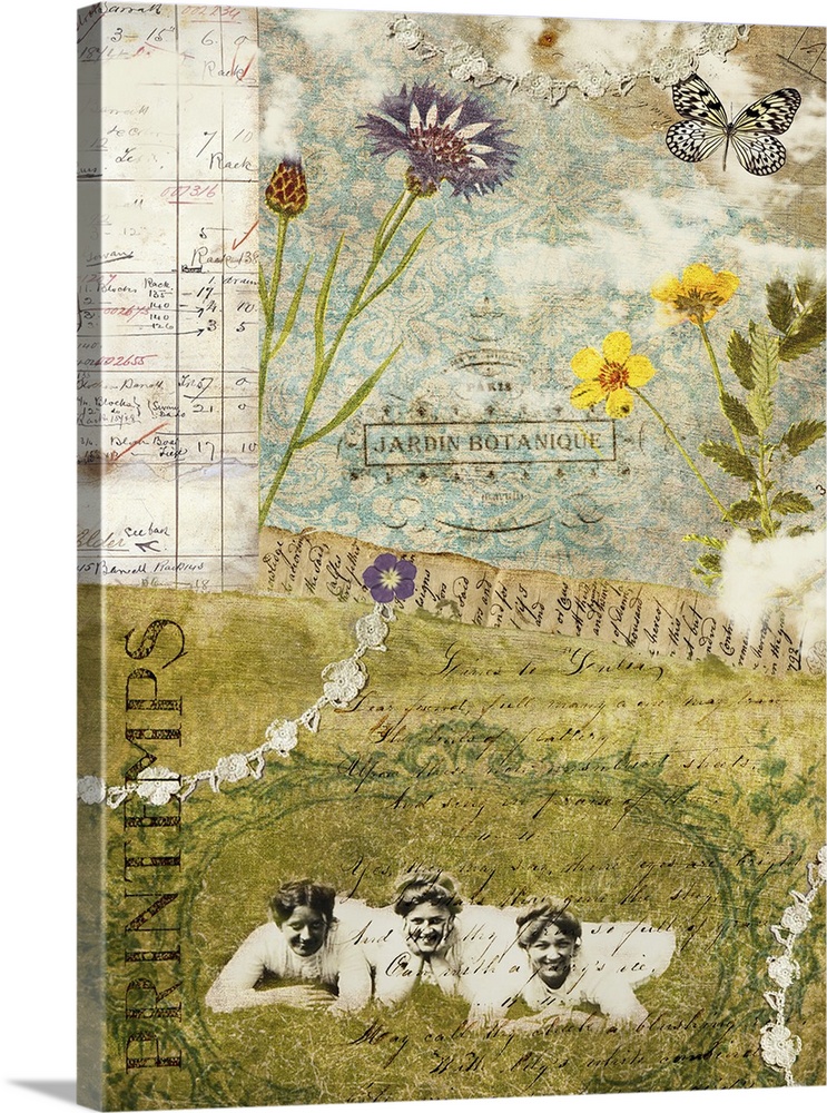 Travel collage of a vintage scene over vintage documents with french themed elements.
