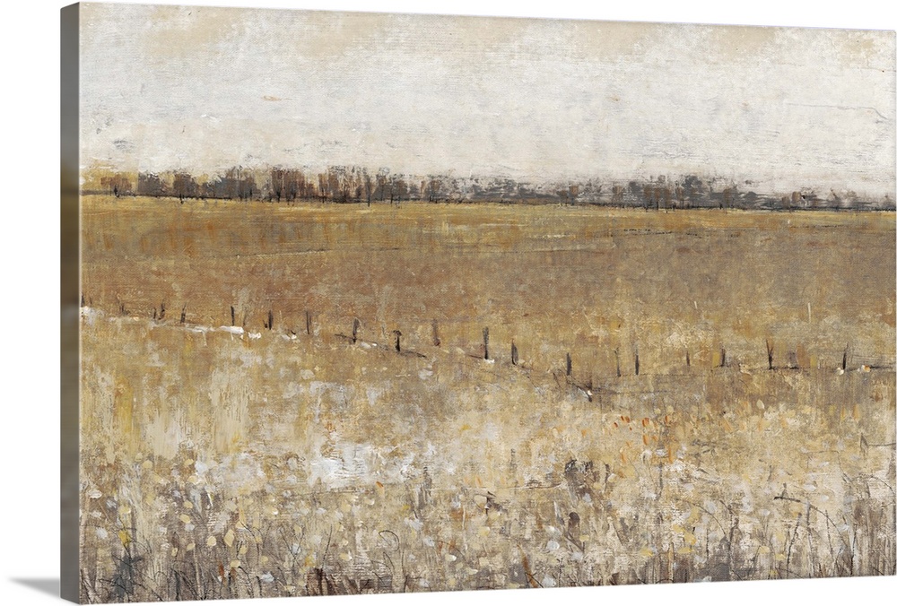 Contemporary painting of a meadow with a small fence running through it.