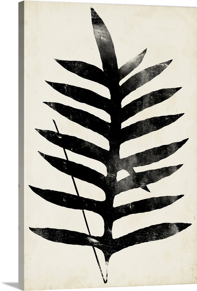 This contemporary artwork features a silhouette of a fern leaf over a neutral background with distressed textures throughout.