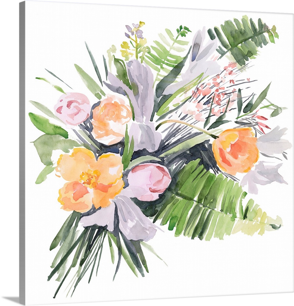 Contemporary watercolor painting of a bouquet of ferns and tulips.