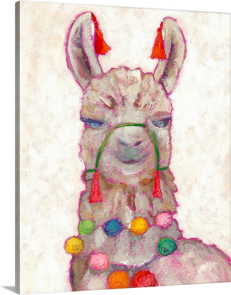 Lovely illustration of a llama decorated with colorful pom poms and tassels.