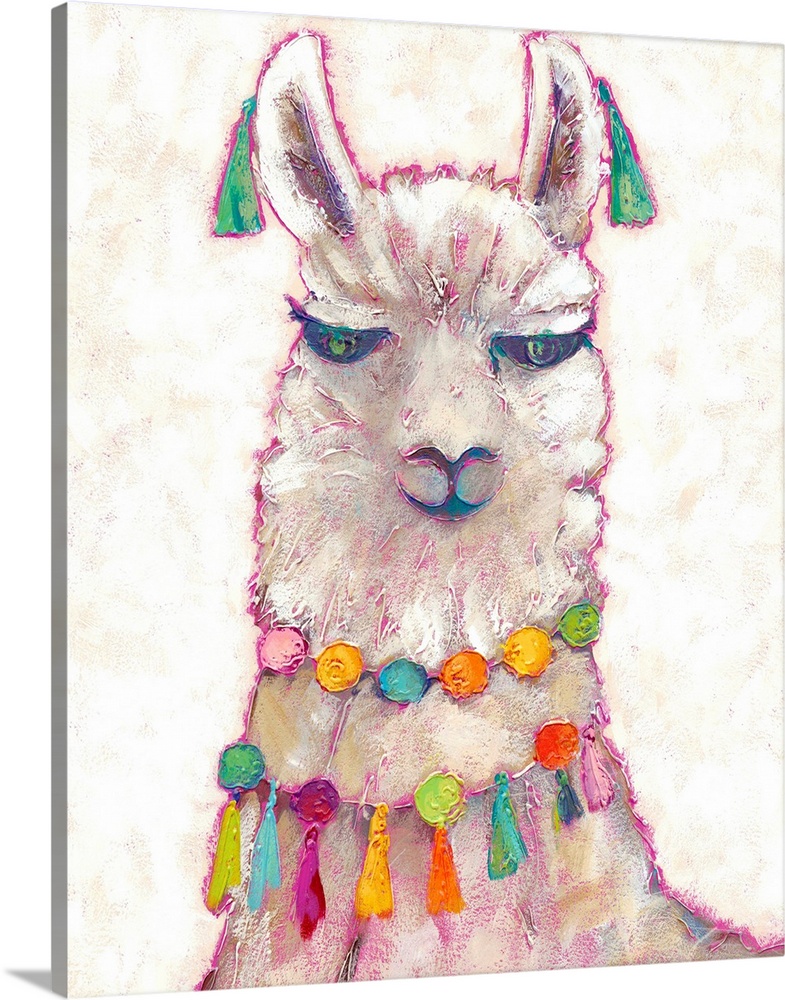 Lovely illustration of a llama decorated with colorful pom poms and tassels.