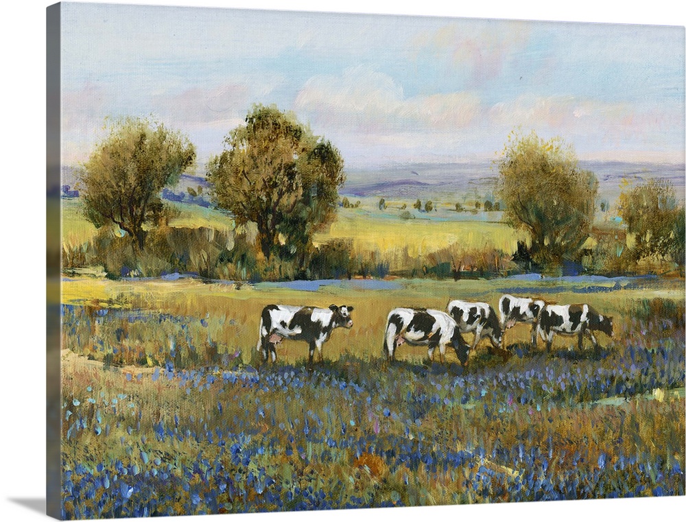 Contemporary artwork of a calm countryside filled with grazing cows and blue flowers created with nimble brush strokes.