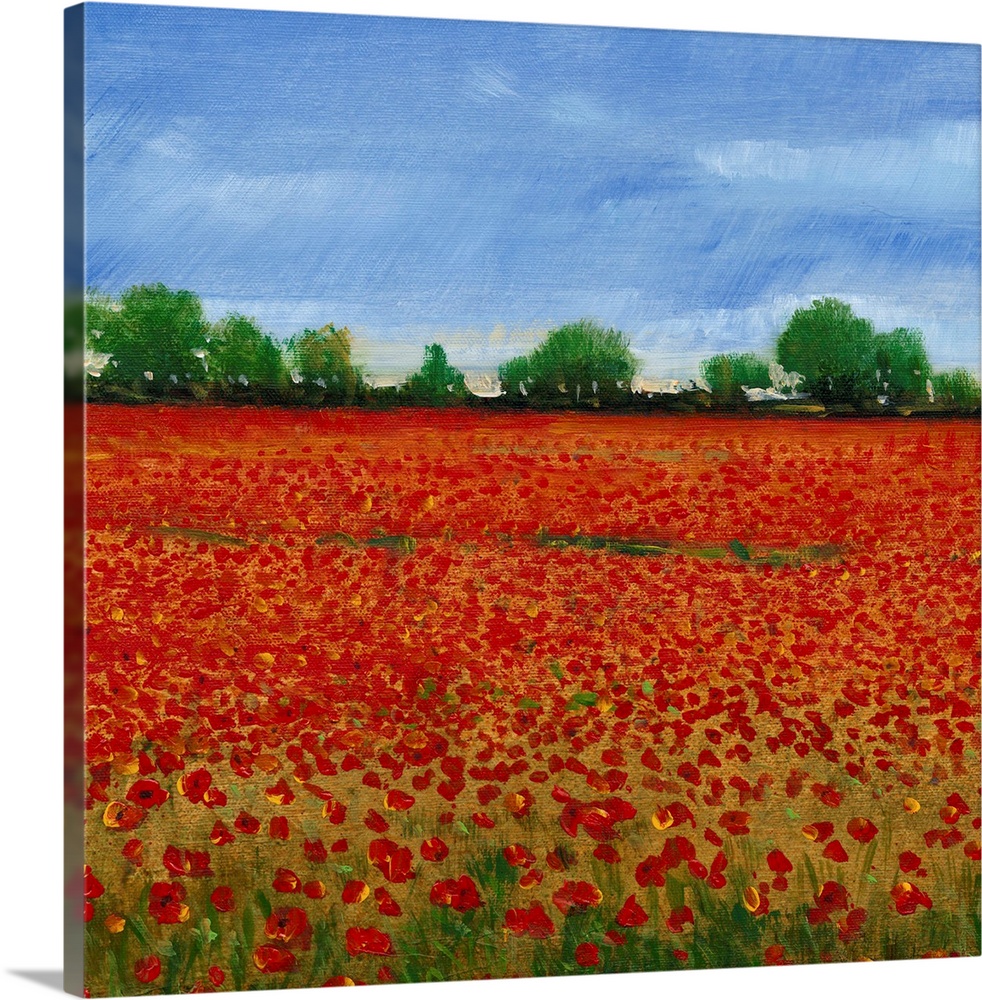 Contemporary painting of a field of red poppies under a blue sky.