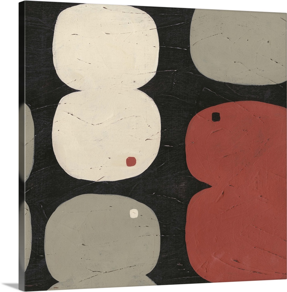 Mid-century inspired contemporary abstract painting using muted colors in organic forms against a black background.