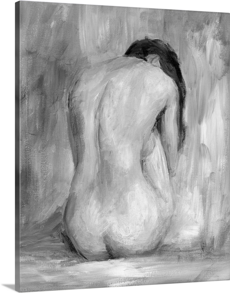 Portrait, large figurative painting of the back of a nude woman sitting on the floor, her head hanging down.  Painted in h...