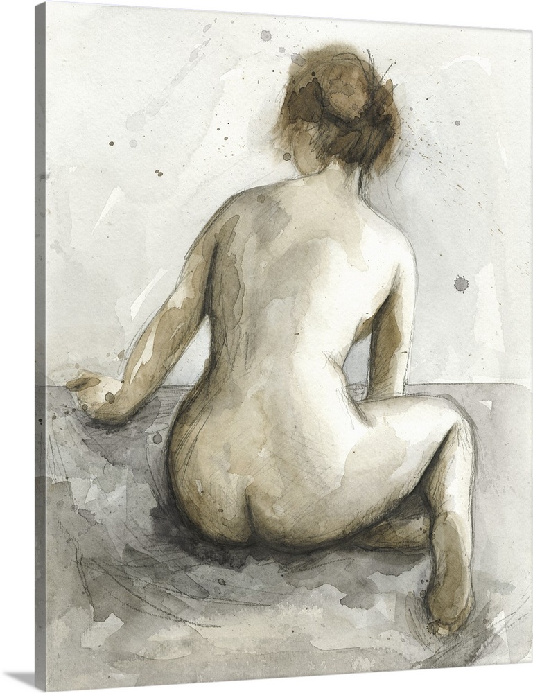 Watercolor painting of a nude female seated with back turned to viewer.